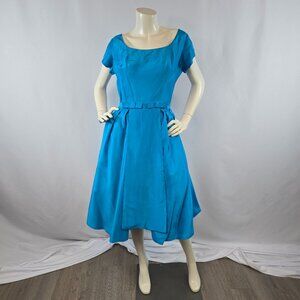 1950s Turquoise Taffeta Cocktail Dress with Detachable Overskirt | A Melody Dres